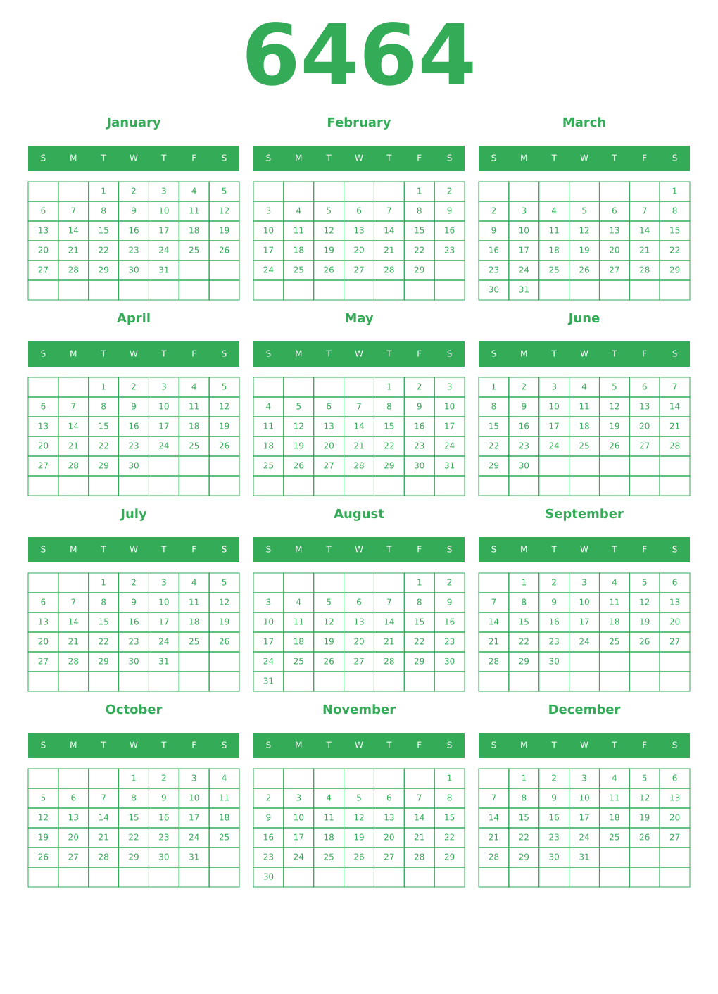 Printable 6464 Year Calendars green