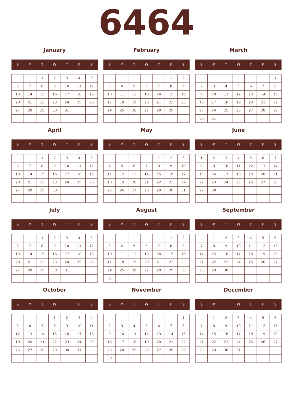 Printable 6464 Year Calendars mortuum