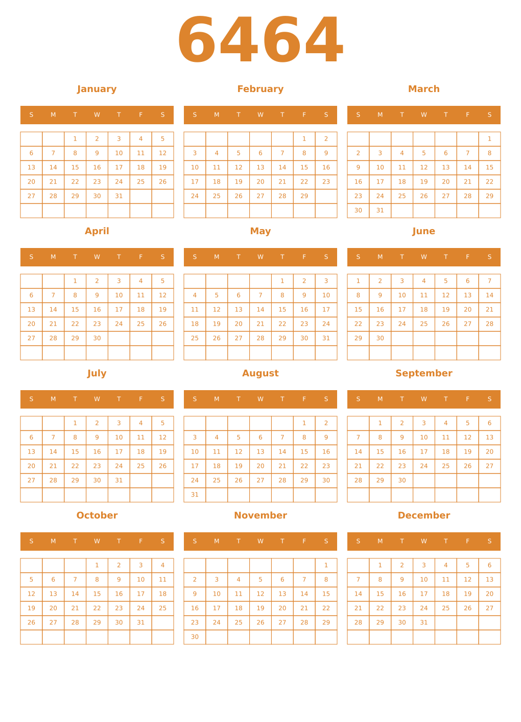 Printable 6464 Year Calendars orange