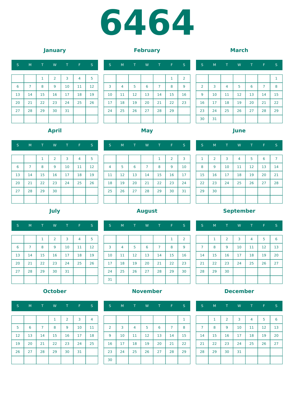 Printable 6464 Year Calendars pastel