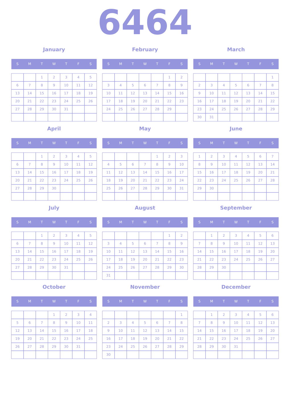 Printable 6464 Year Calendars periwinkle