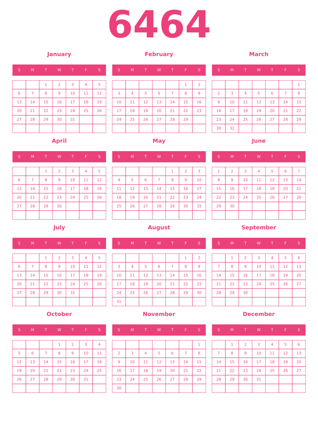 Printable 6464 Year Calendars pink