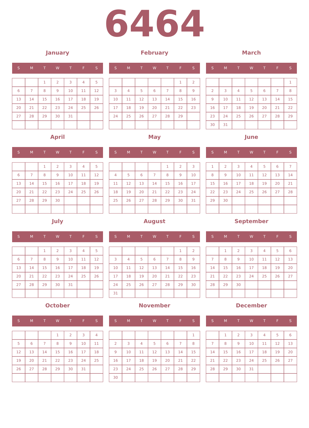 Printable 6464 Year Calendars puce