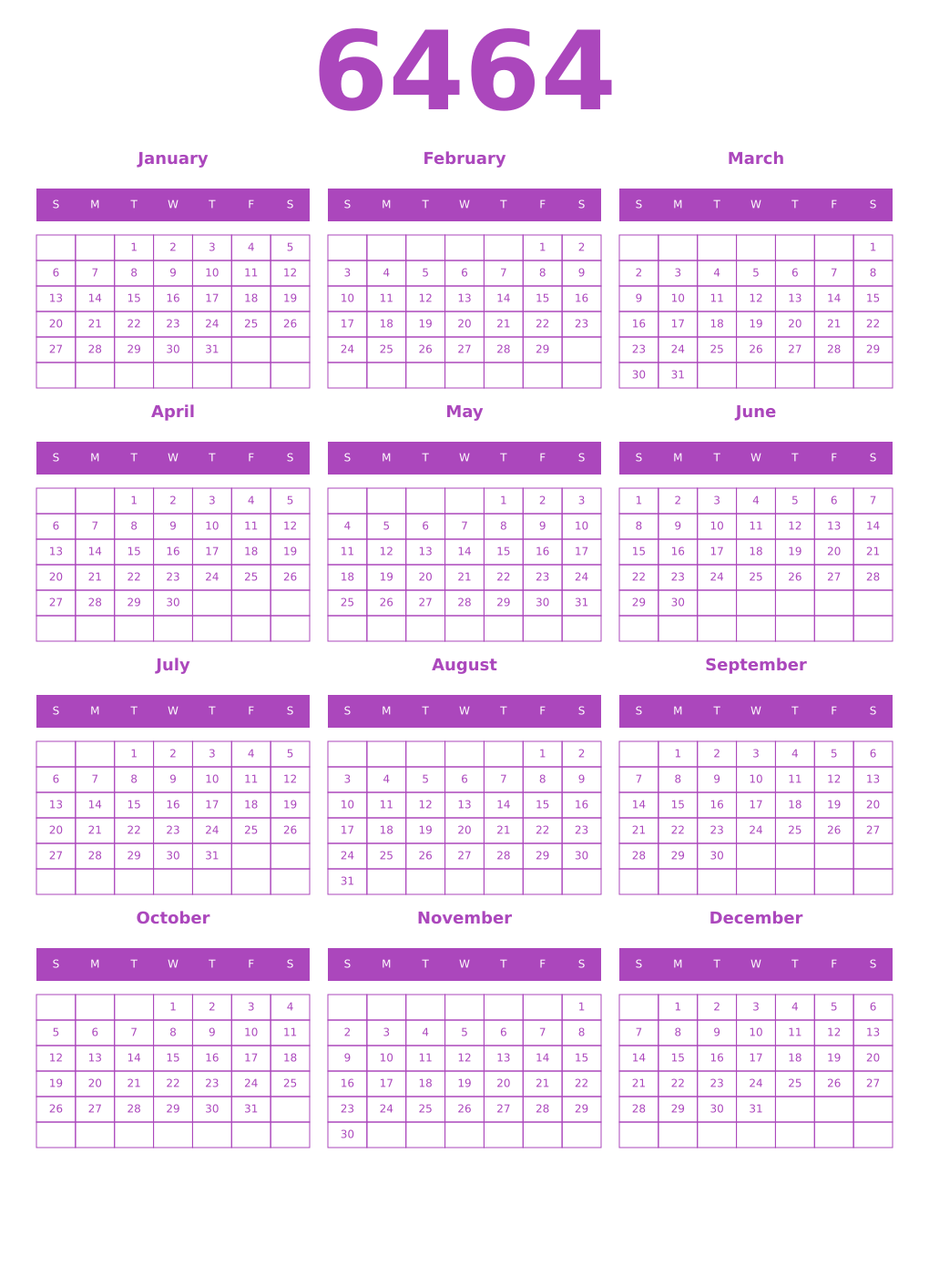 Printable 6464 Year Calendars purple