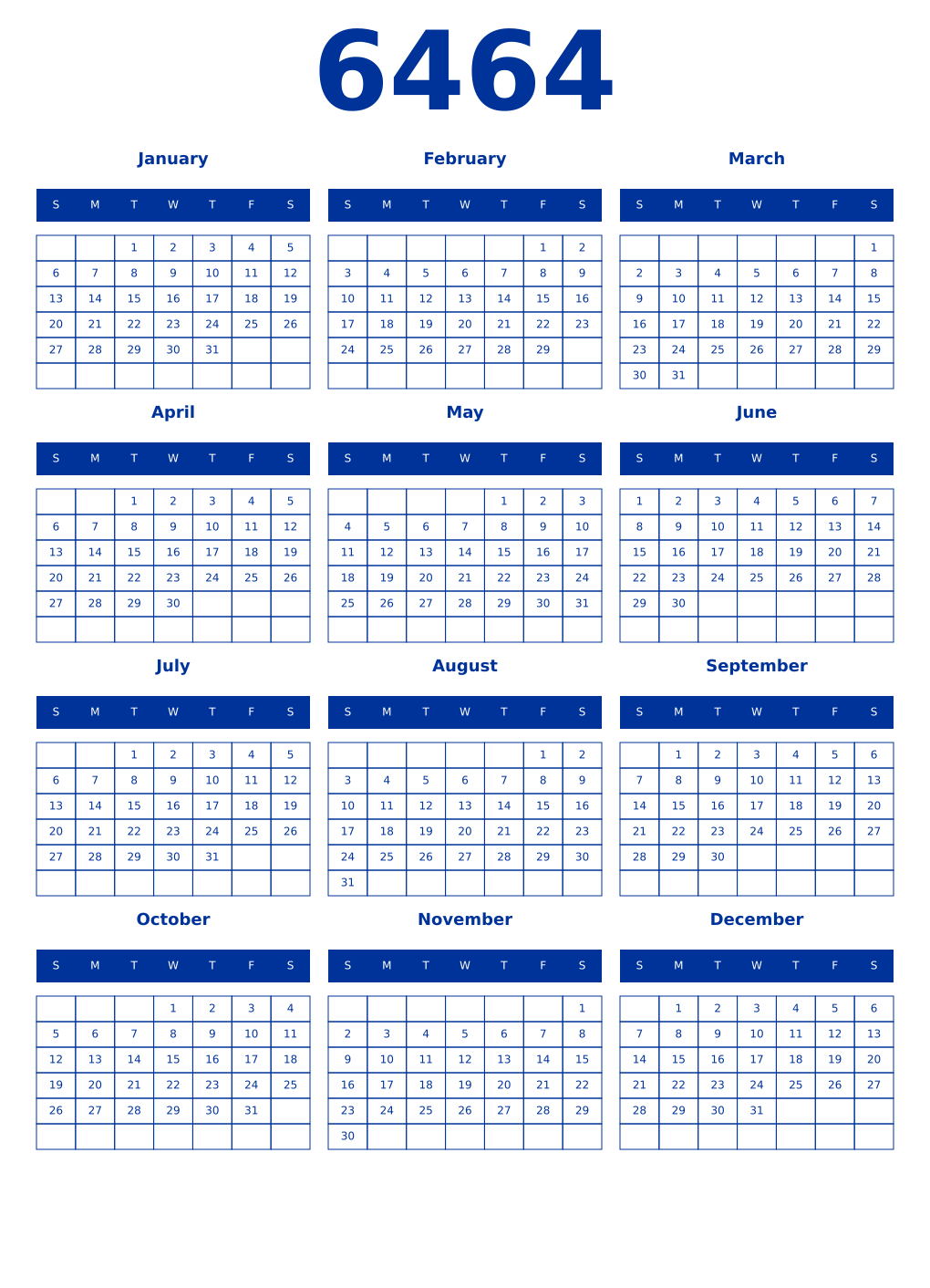 Printable 6464 Year Calendars smalt