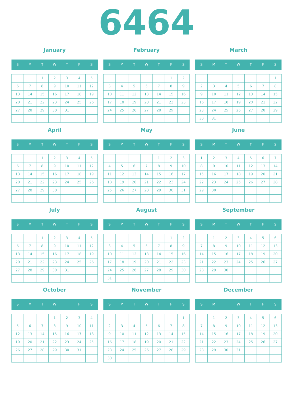 Printable 6464 Year Calendars verdigris