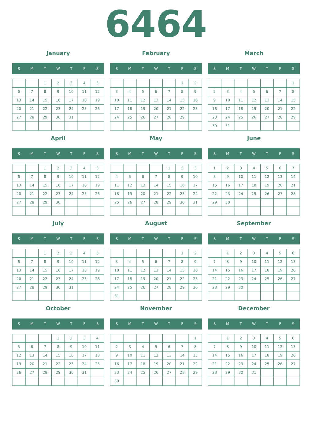 Printable 6464 Year Calendars viridian