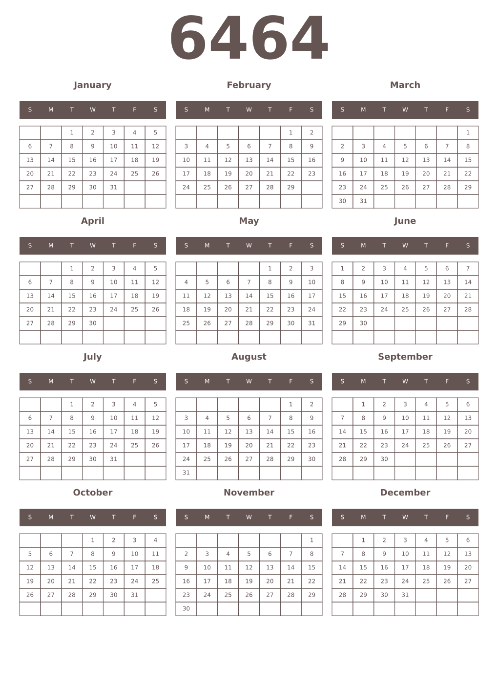 Printable 6464 Year Calendars wenge