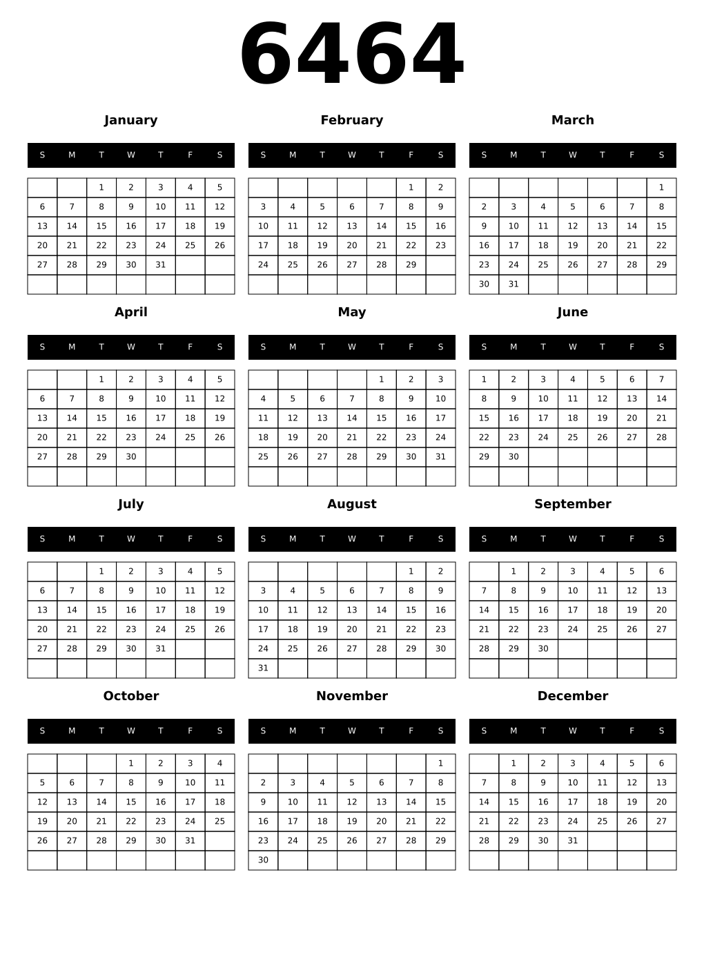 Printable 6464 Calendars