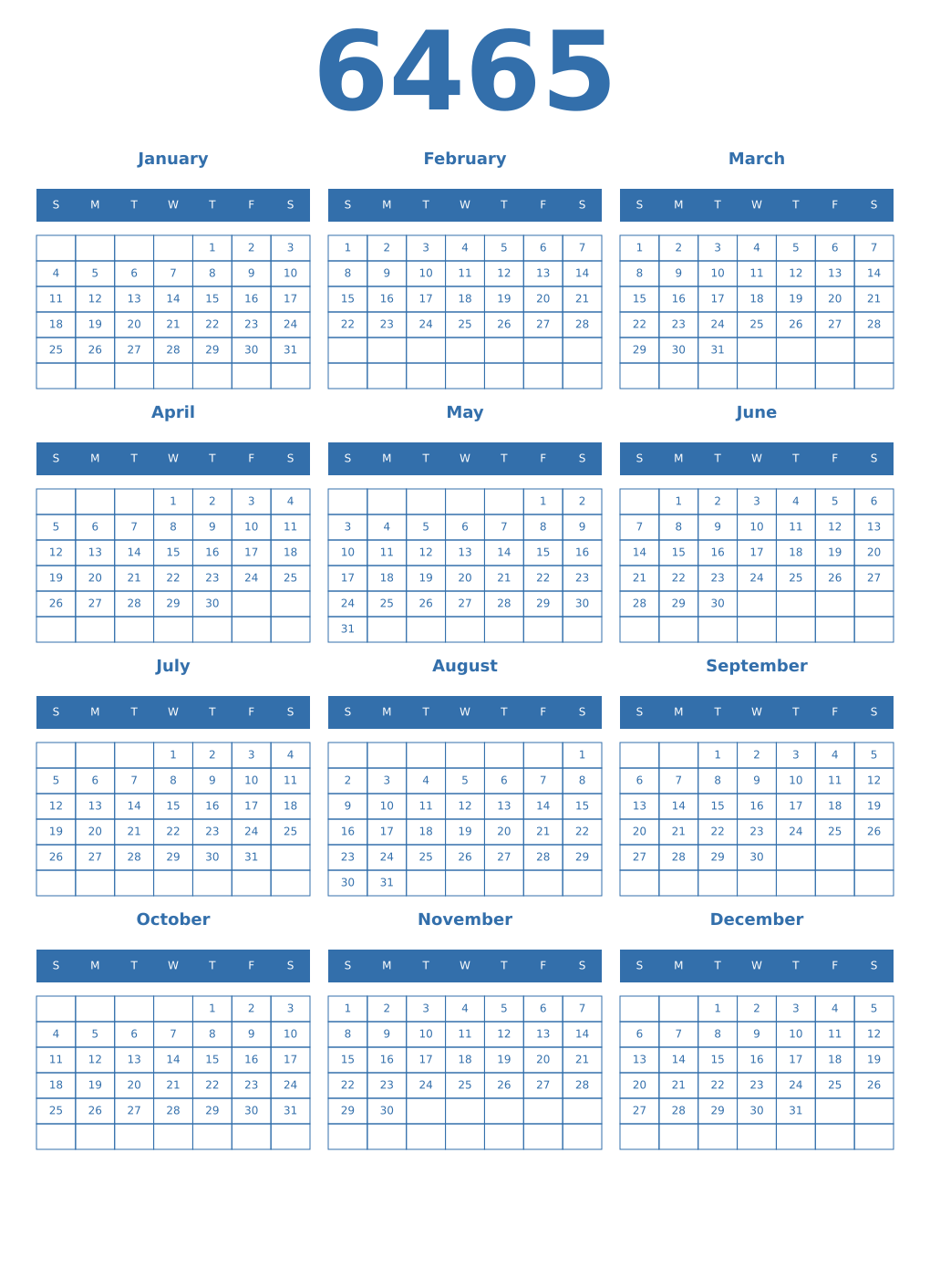 Printable 6465 Year Calendars blue