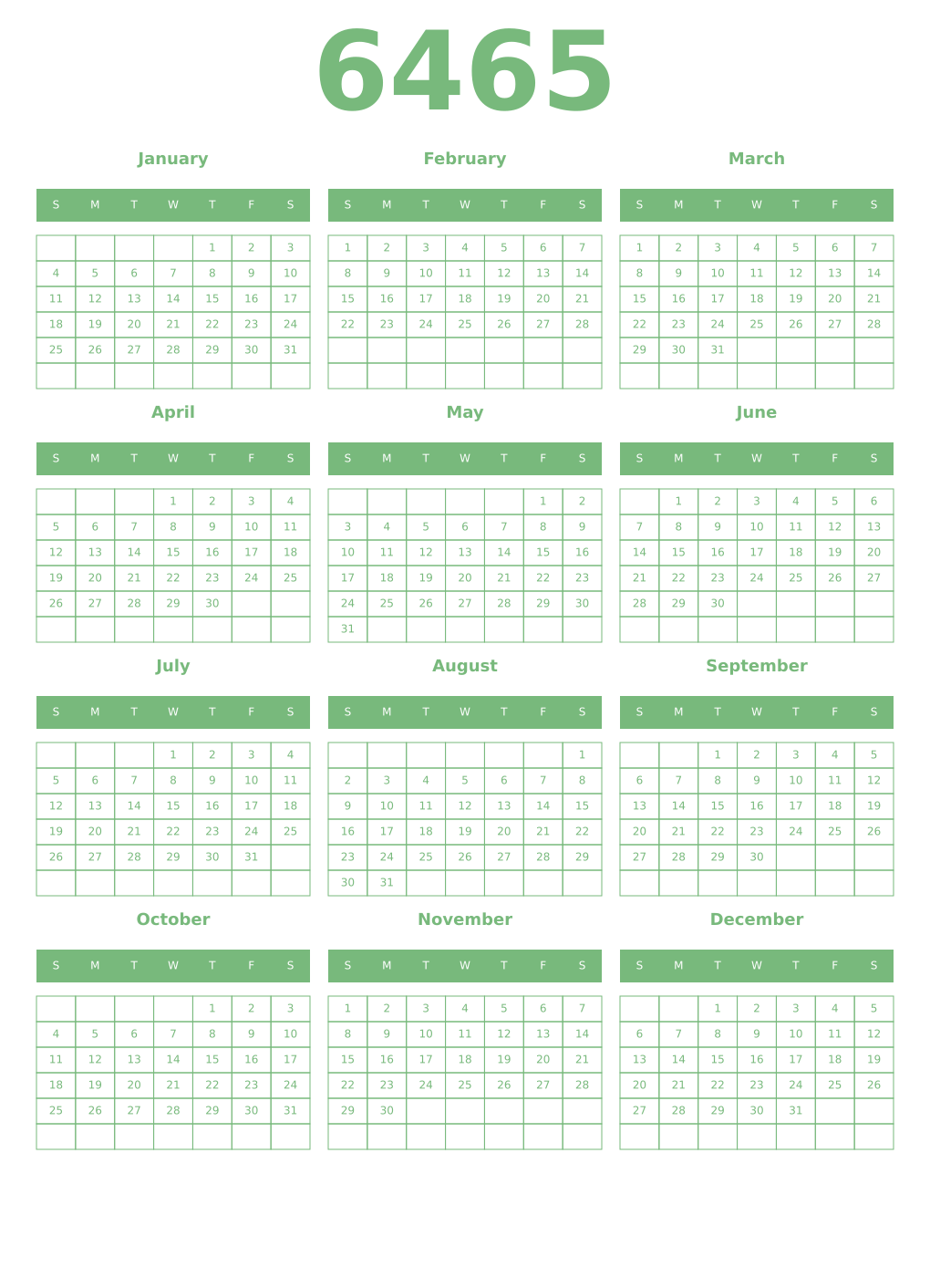 Printable 6465 Year Calendars celadon