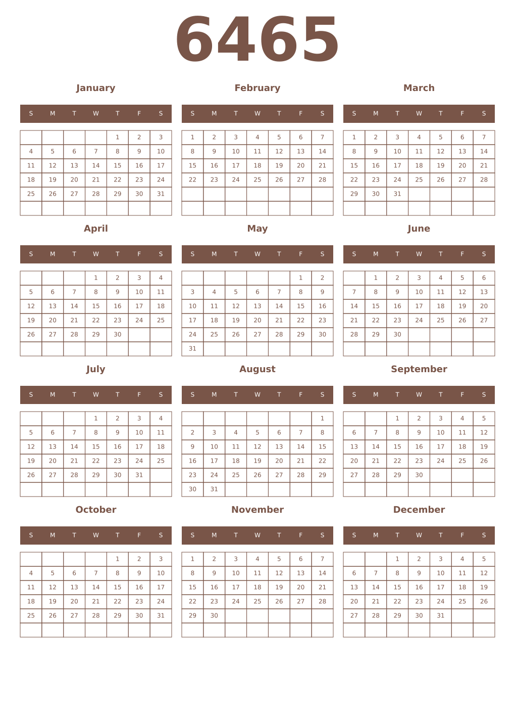 Printable 6465 Year Calendars coffe