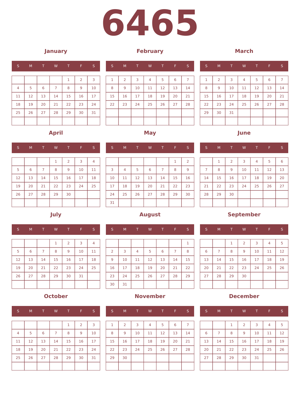 Printable 6465 Year Calendars cordovan