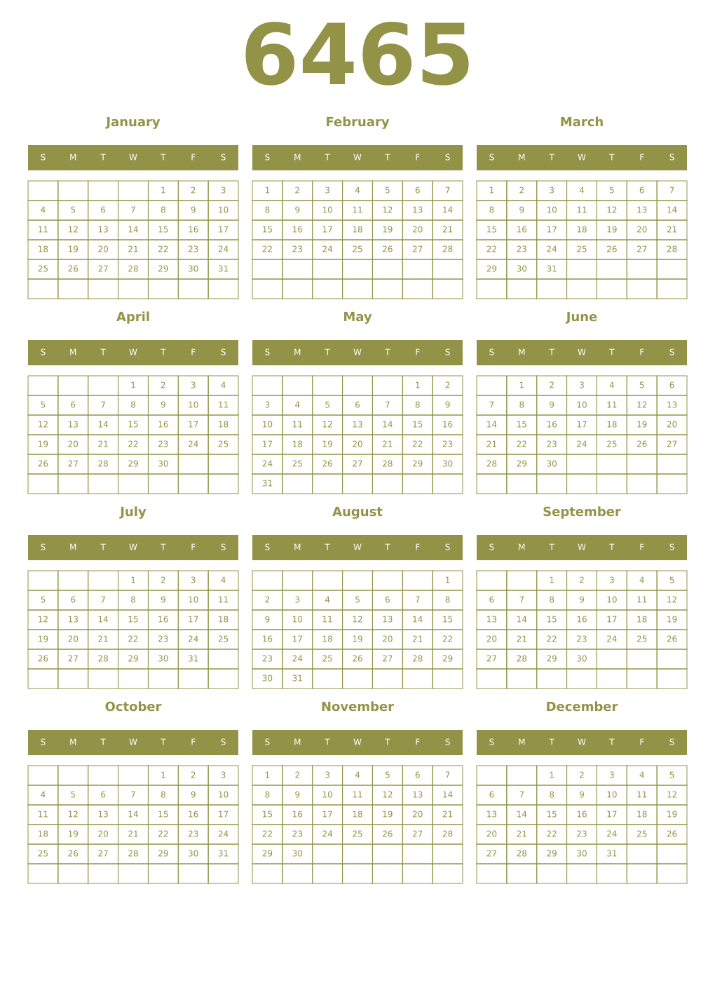 Printable 6465 Year Calendars eburnean