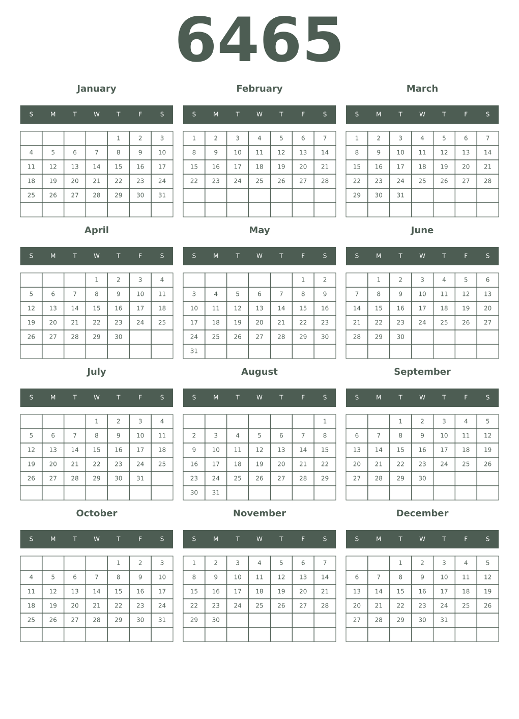 Printable 6465 Year Calendars feldgrau