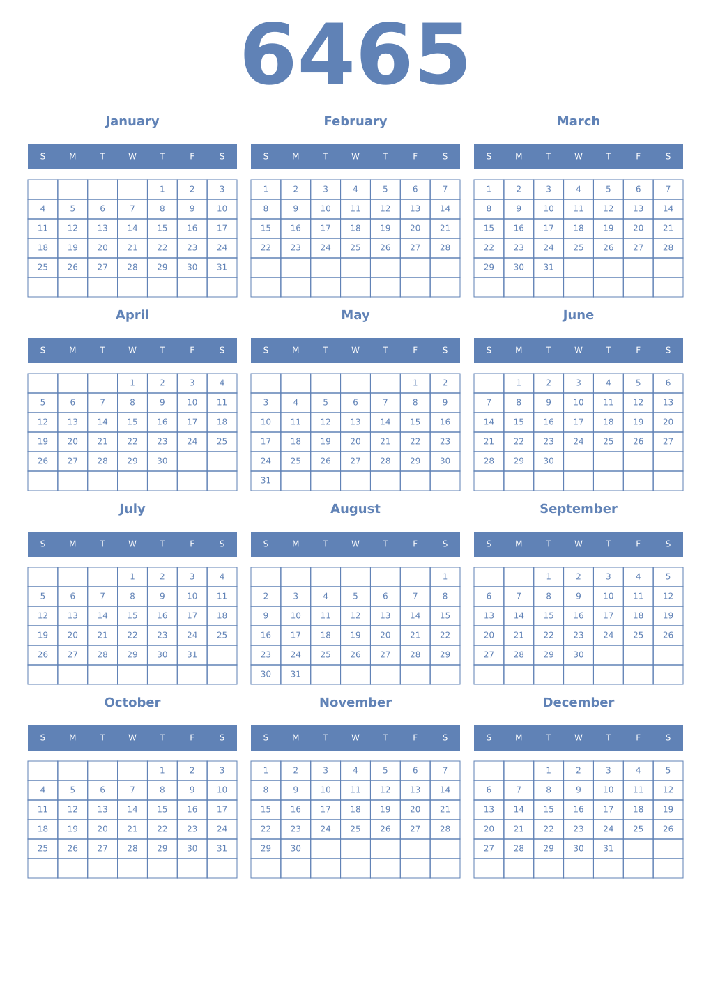 Printable 6465 Year Calendars glaucous