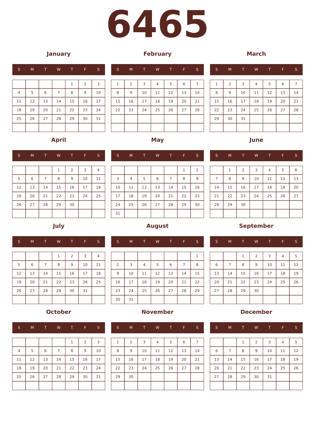 Printable 6465 Year Calendars mortuum