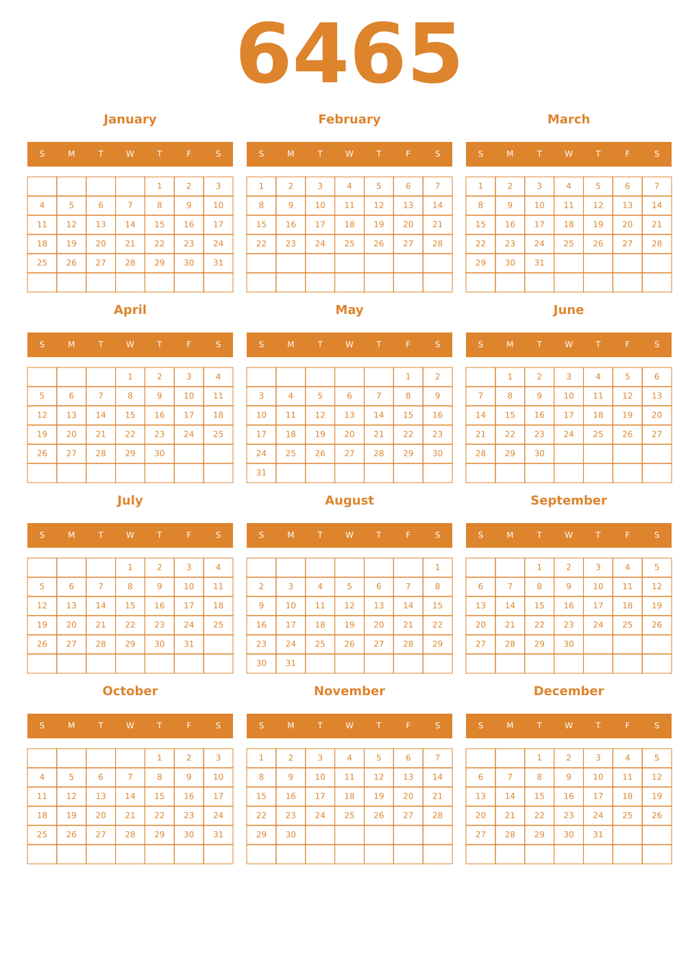 Printable 6465 Year Calendars orange