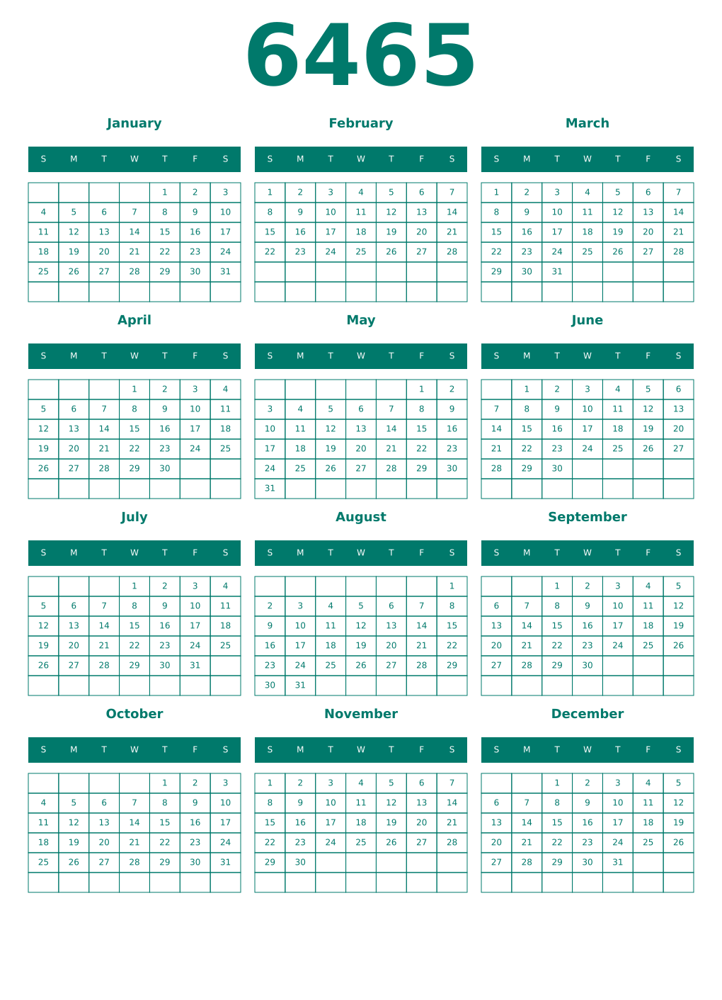Printable 6465 Year Calendars pastel