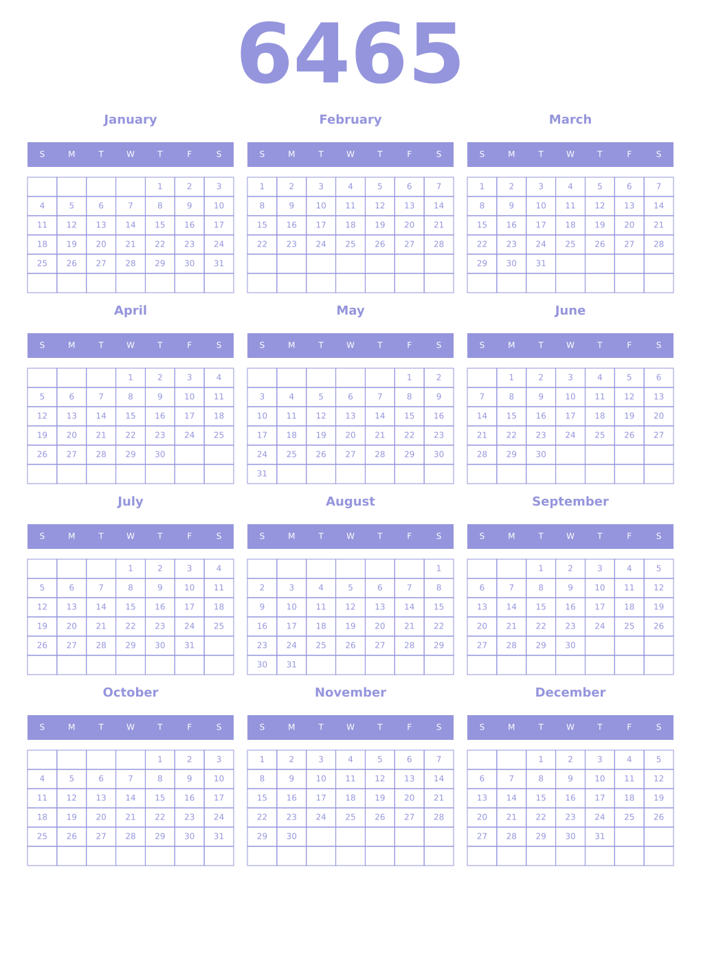 Printable 6465 Year Calendars periwinkle