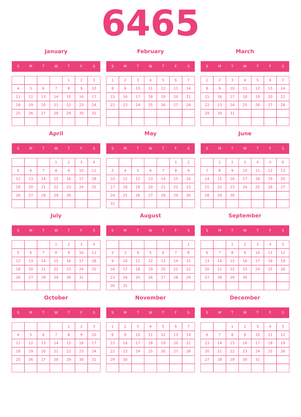 Printable 6465 Year Calendars pink