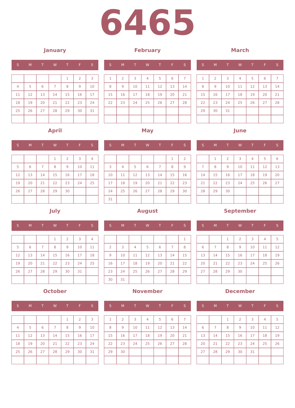 Printable 6465 Year Calendars puce