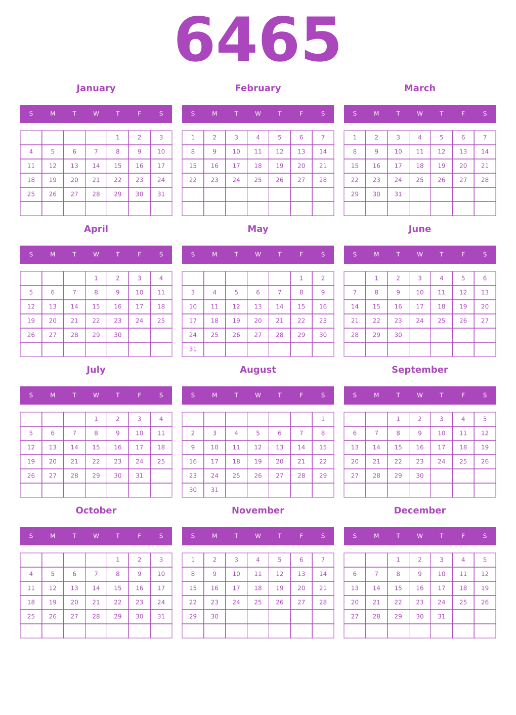 Printable 6465 Year Calendars purple
