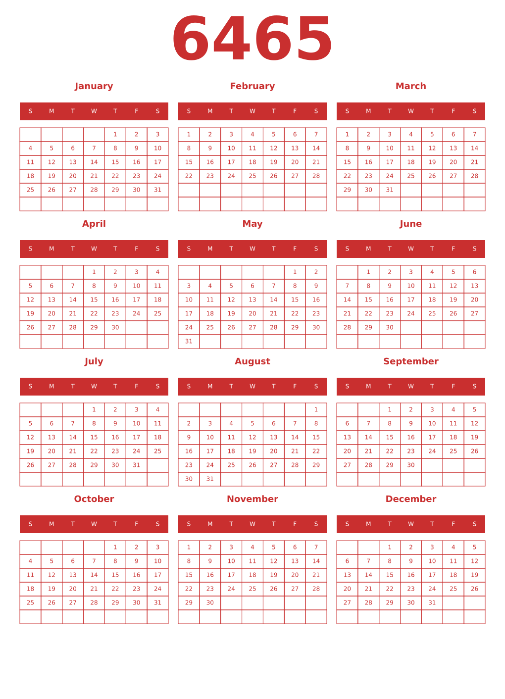 Printable 6465 Year Calendars red