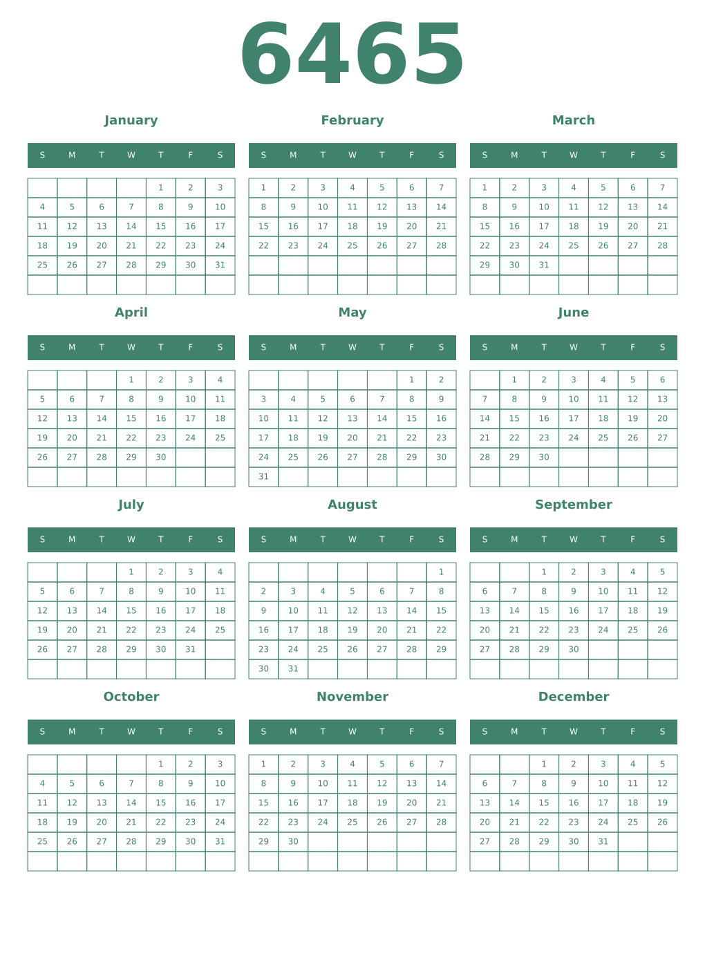 Printable 6465 Year Calendars viridian