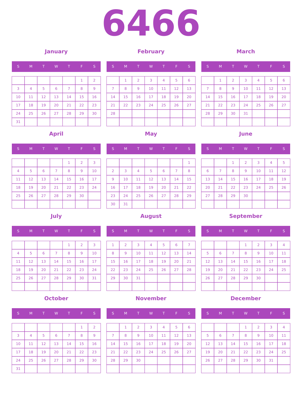 Printable 6466 Calendars