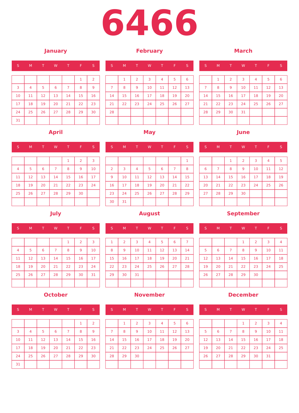 Printable 6466 Year Calendars amaranth