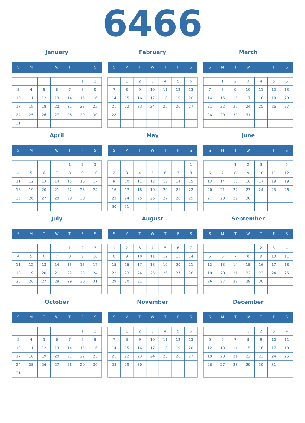 Printable 6466 Year Calendars blue