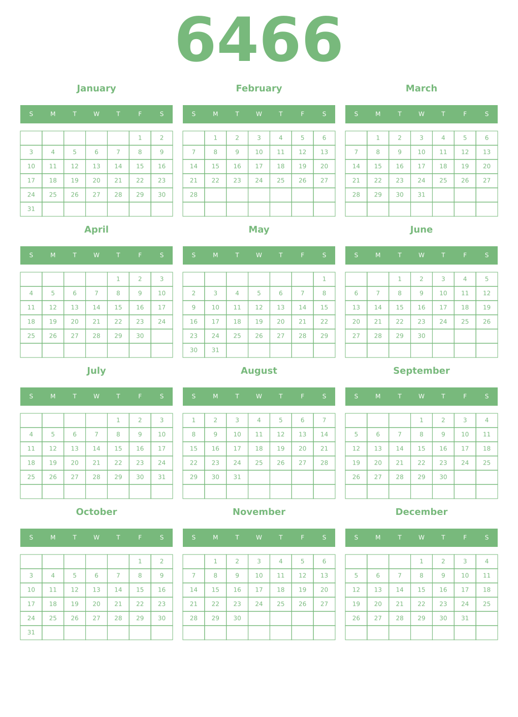 Printable 6466 Year Calendars celadon