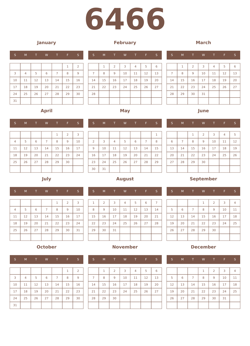 Printable 6466 Year Calendars coffe