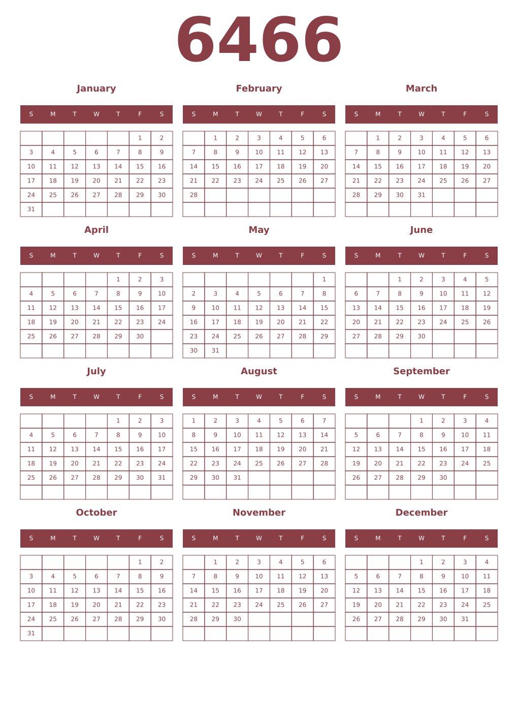 Printable 6466 Year Calendars cordovan