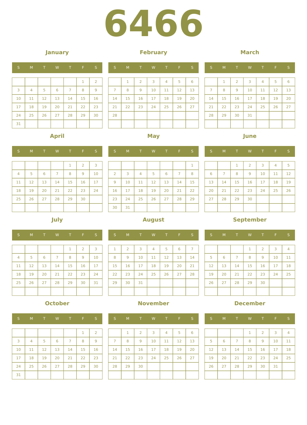 Printable 6466 Year Calendars eburnean