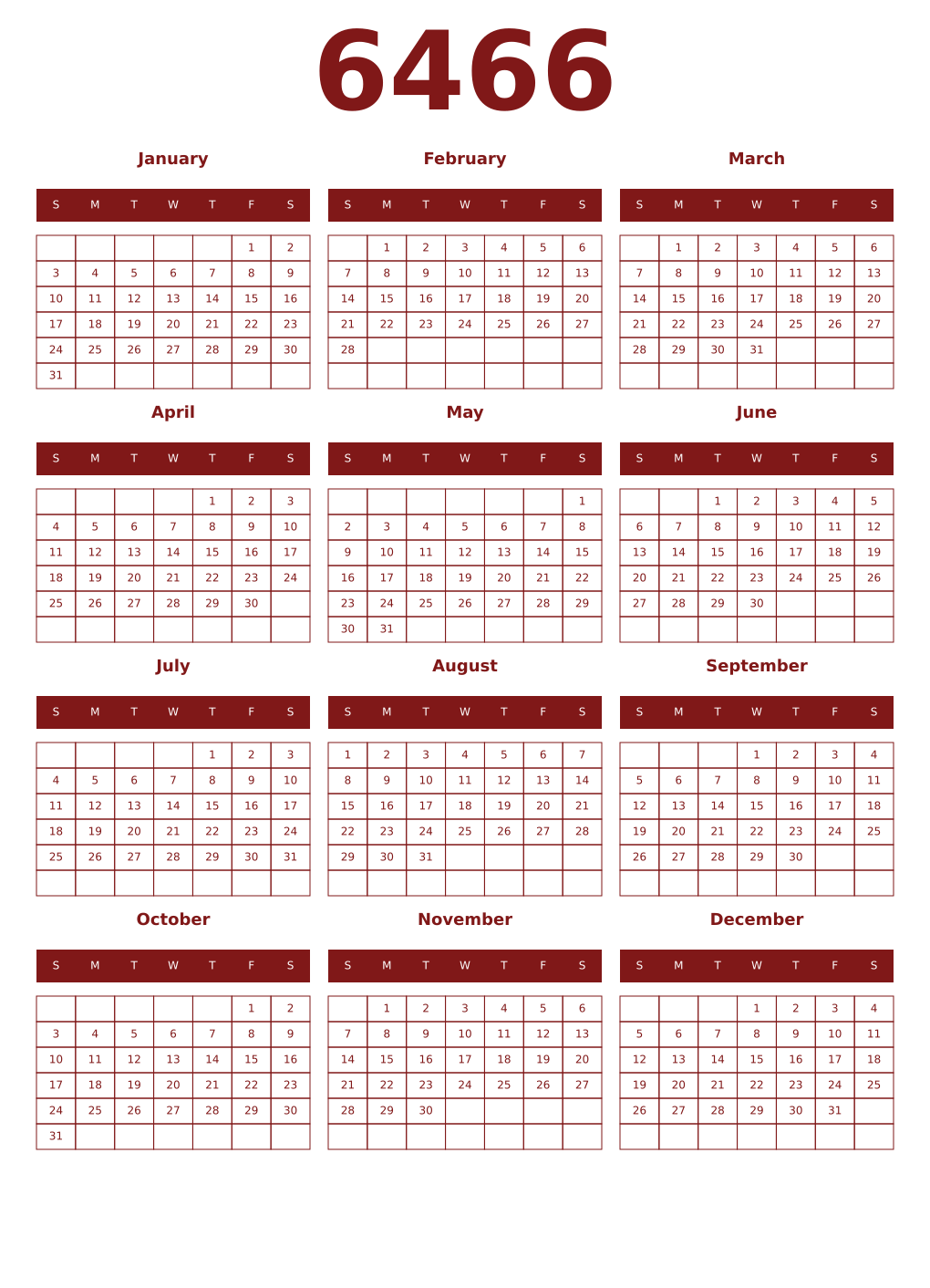 Printable 6466 Year Calendars falu