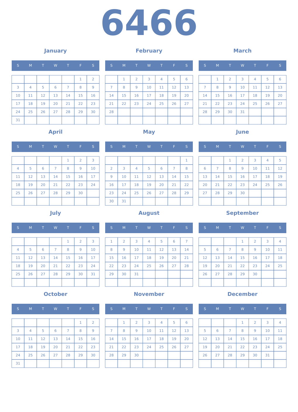 Printable 6466 Year Calendars glaucous