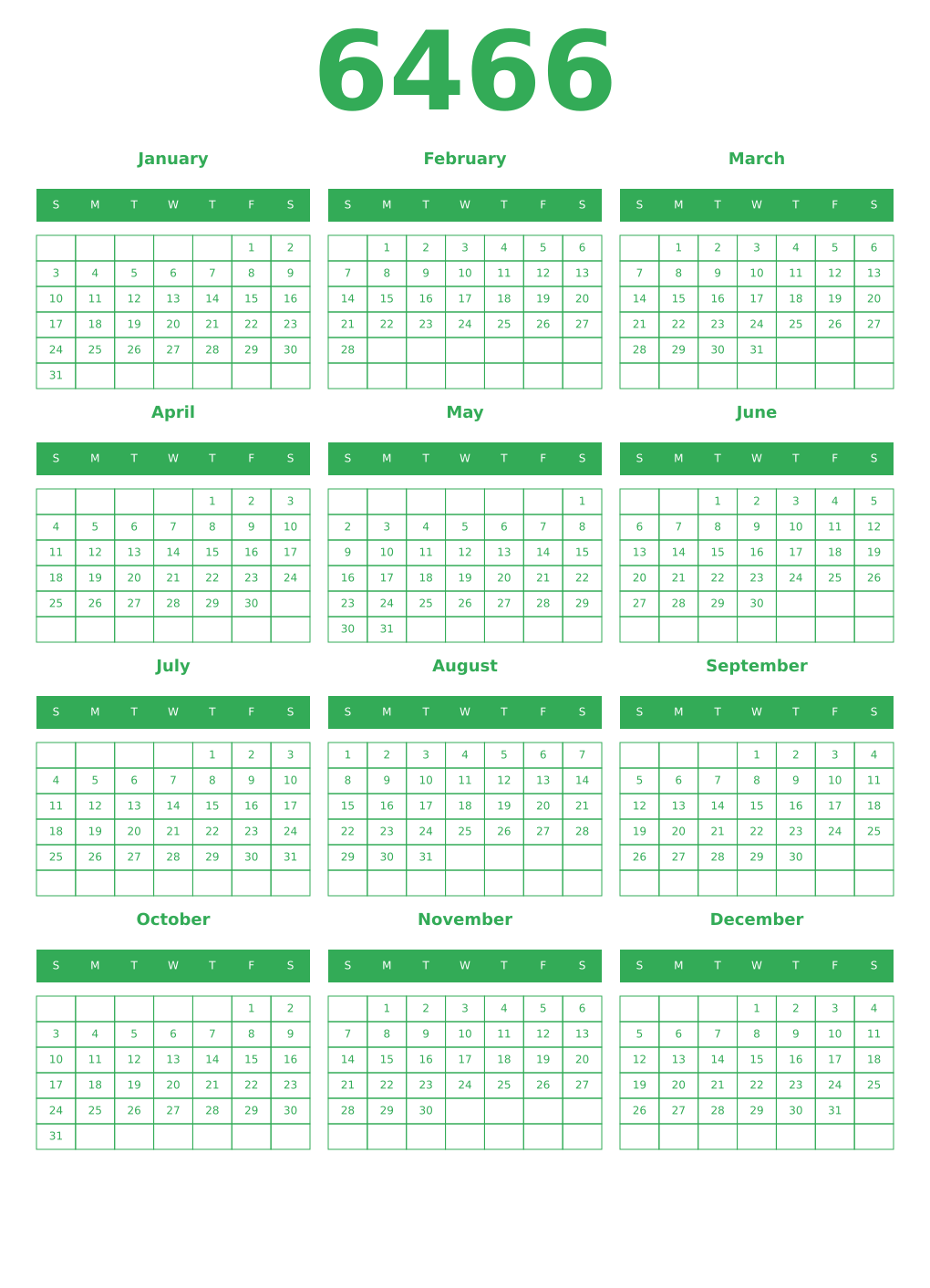 Printable 6466 Year Calendars green