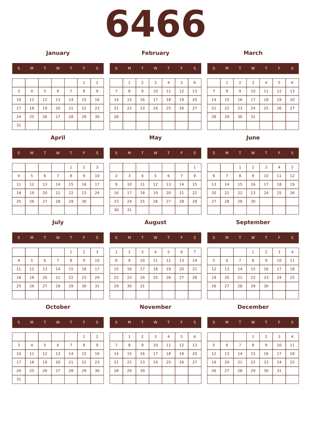 Printable 6466 Year Calendars mortuum