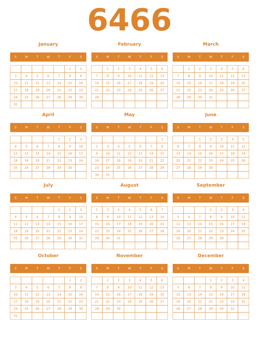 Printable 6466 Year Calendars orange