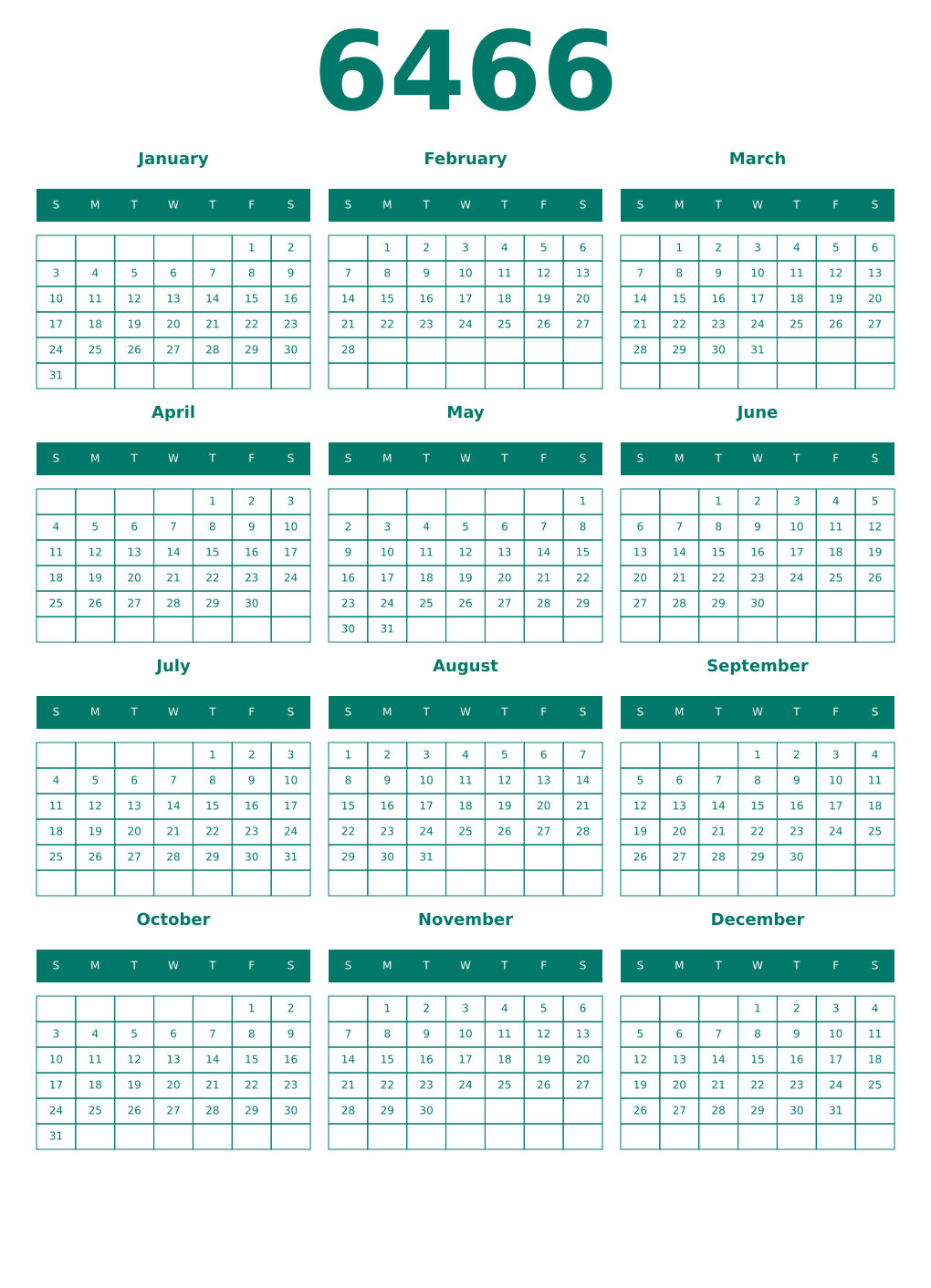 Printable 6466 Year Calendars pastel