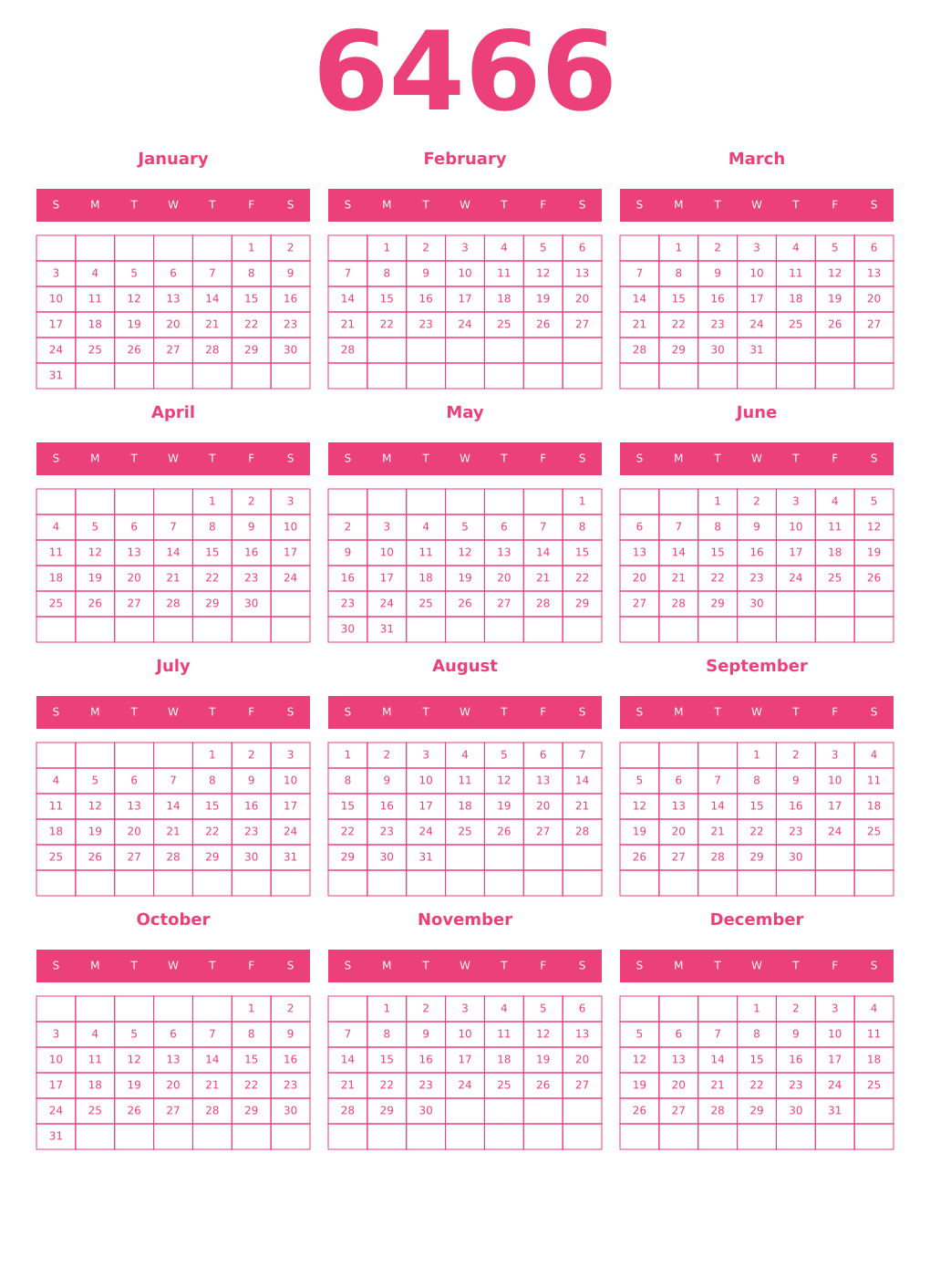 Printable 6466 Year Calendars pink