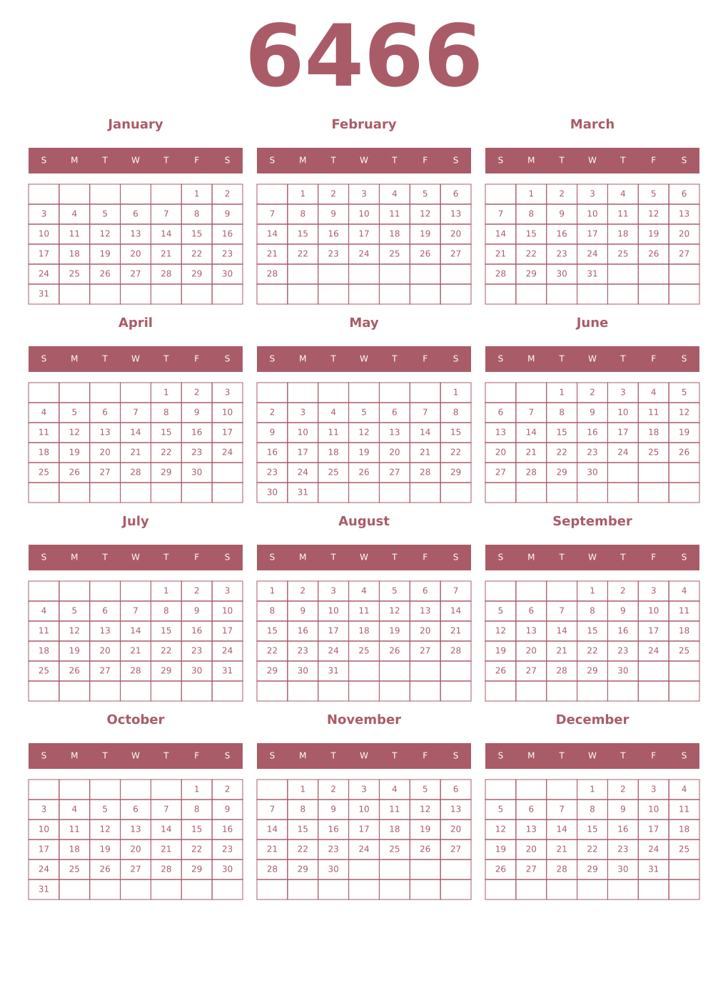 Printable 6466 Year Calendars puce