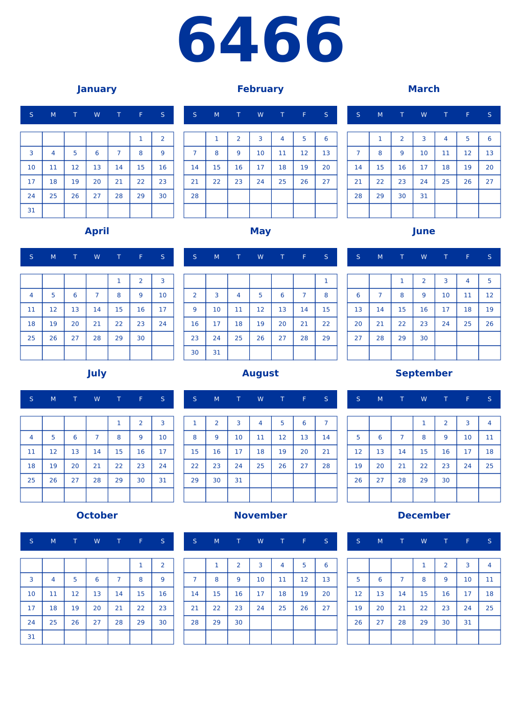 Printable 6466 Year Calendars smalt