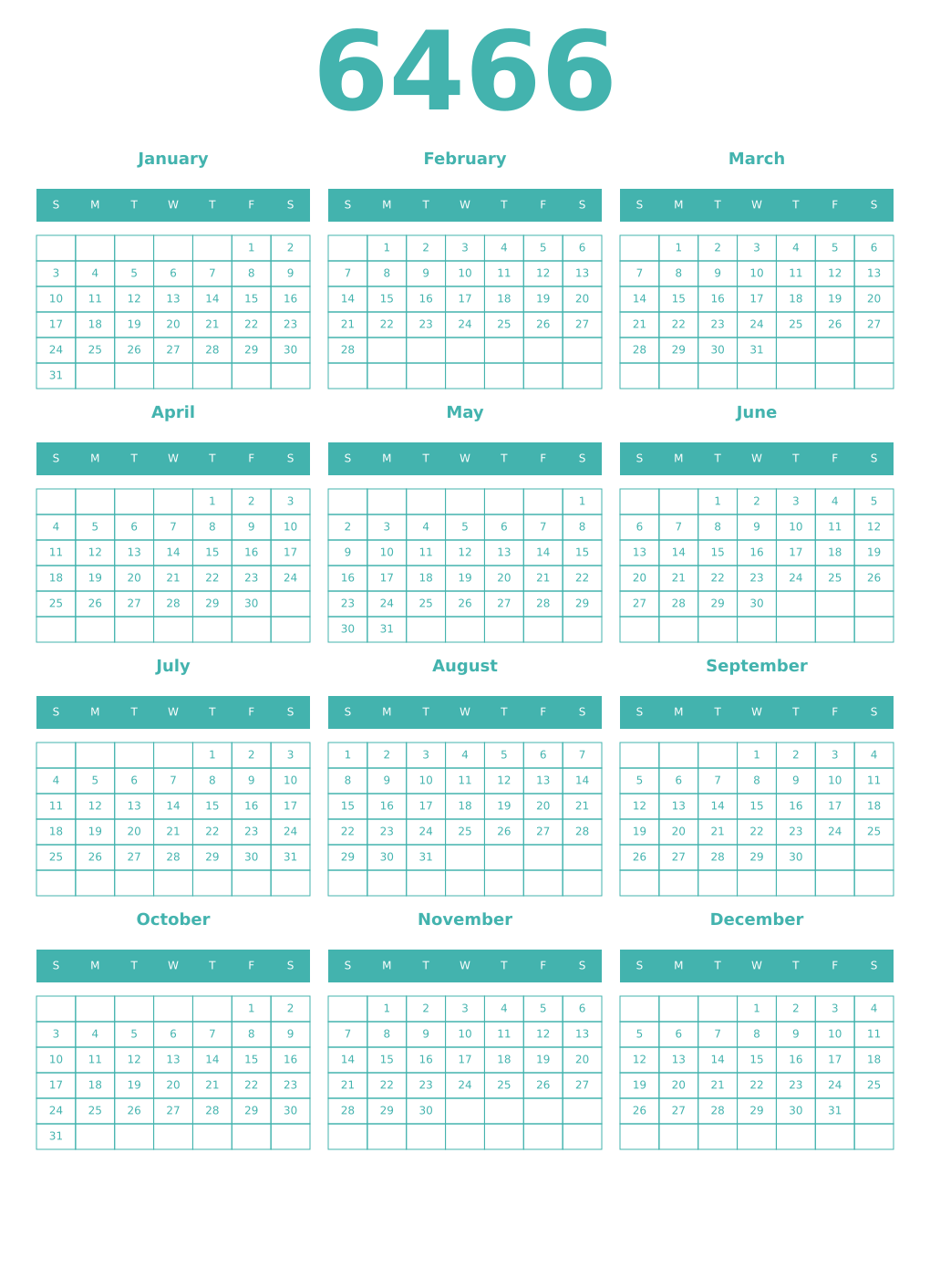 Printable 6466 Year Calendars verdigris