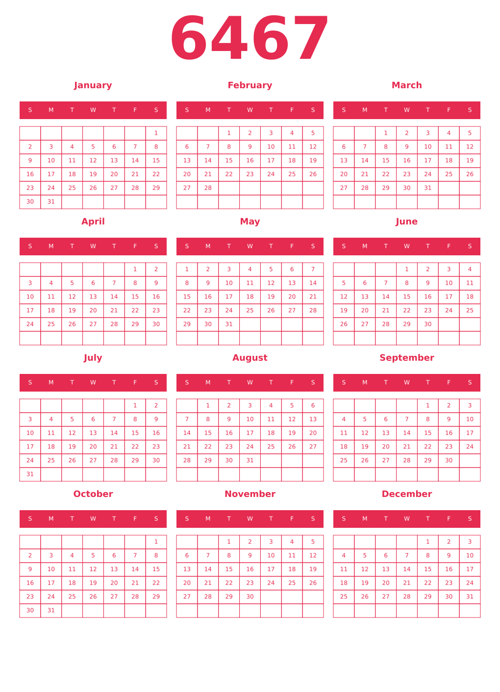 Printable 6467 Year Calendars amaranth