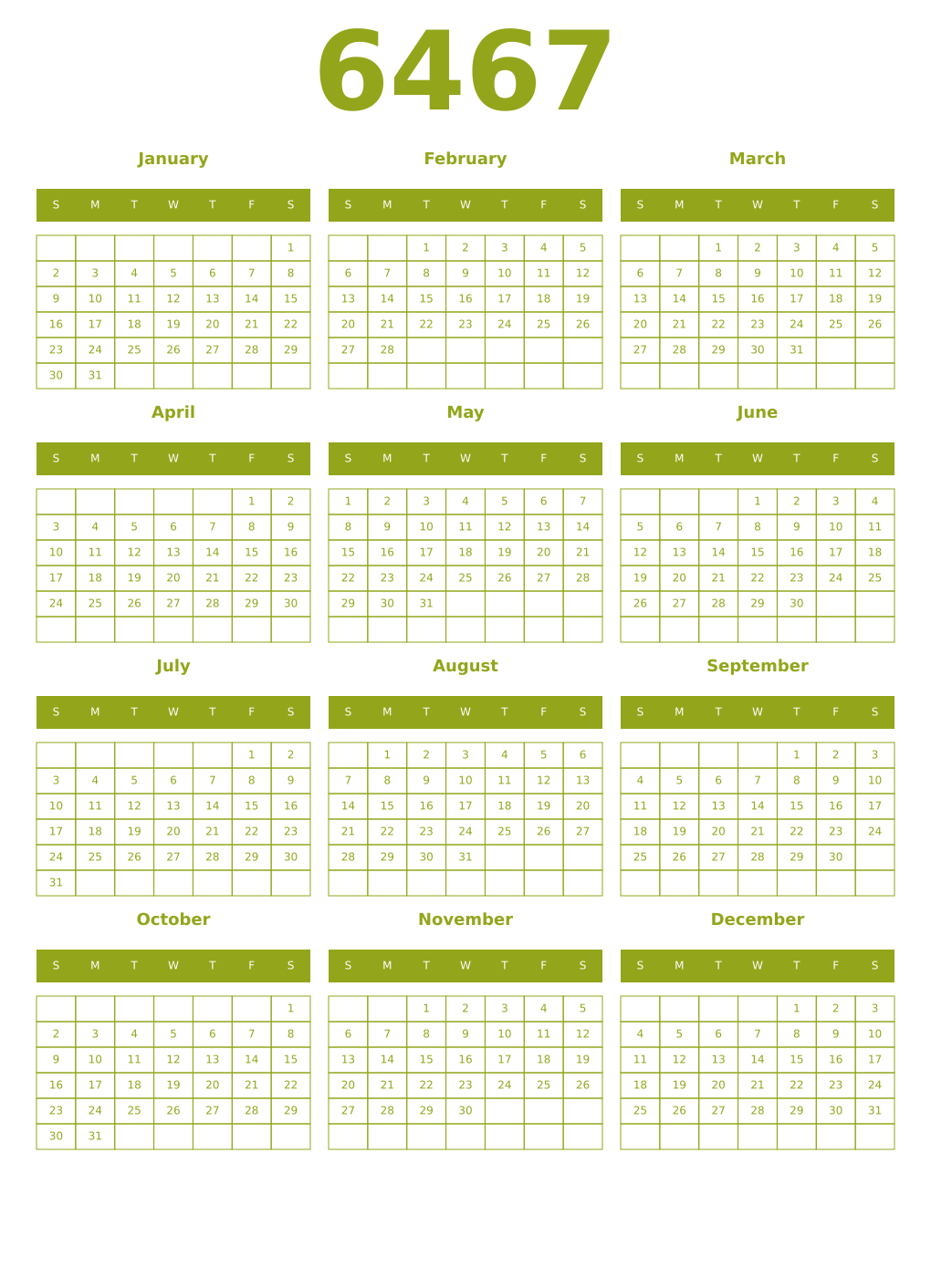 Printable 6467 Year Calendars chartreuse