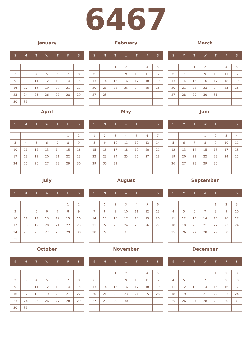 Printable 6467 Year Calendars coffe