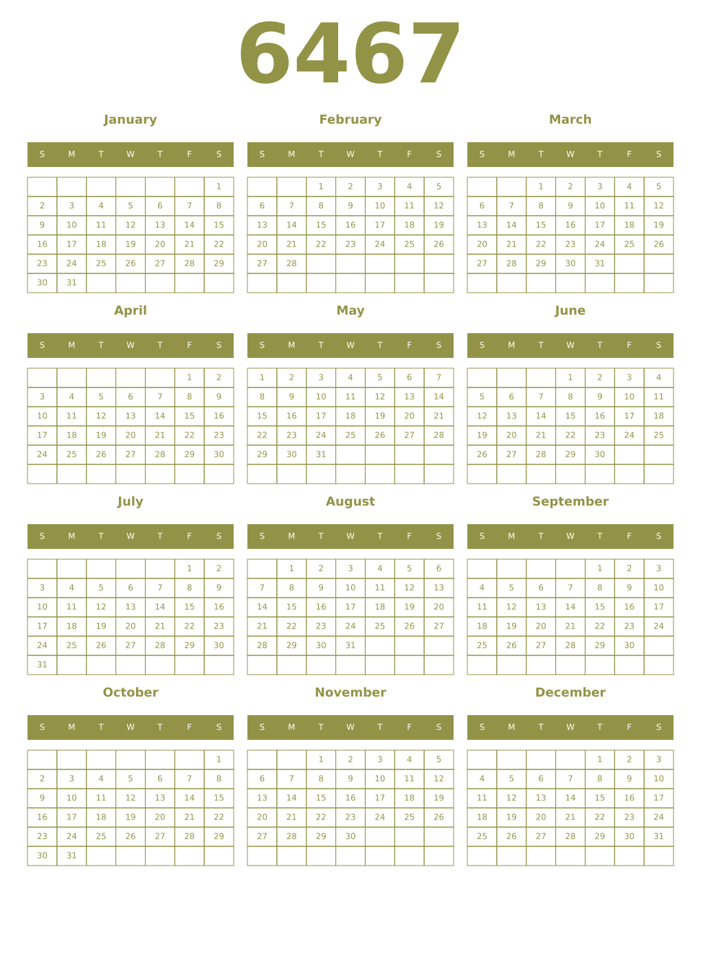Printable 6467 Year Calendars eburnean